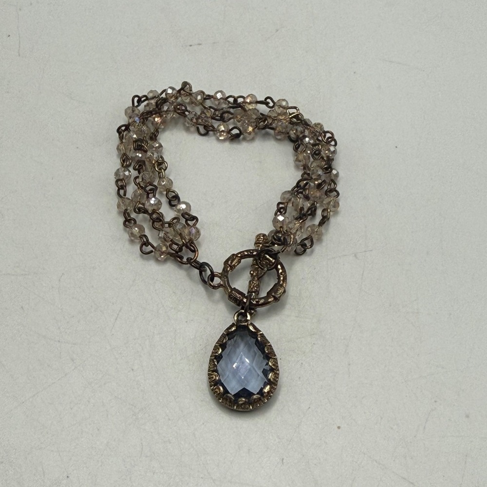 Vintage Style Multi Strand Beaded Toggle Bracelet Blue Teardrop Pendant Bronze